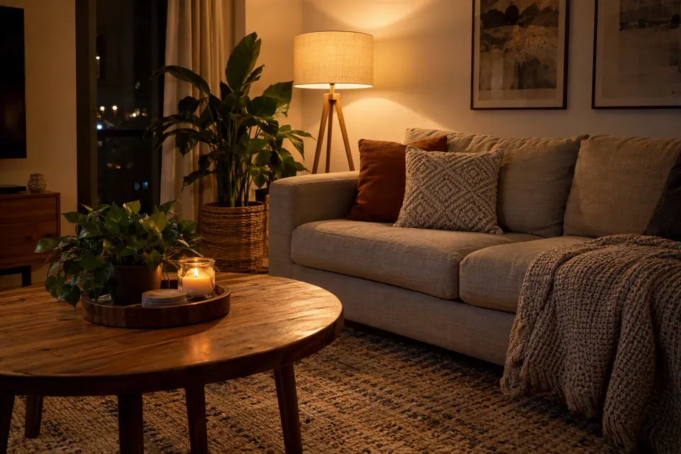 Salón acogedor por la noche, con sofá, lámpara de pie cálida y plantas